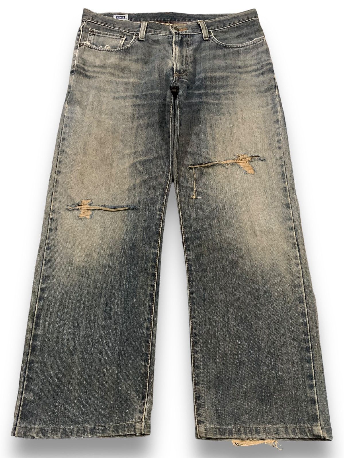 Edwin Vintage Y2K Edwin 403 Yellow Mud Wash Loose Distressed Jeans Size US 35 - 1 Thumbnail