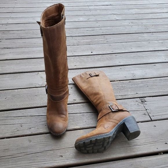 Born Heeled Buckle Zip Up Brown Leather Knee High Tall Boots
