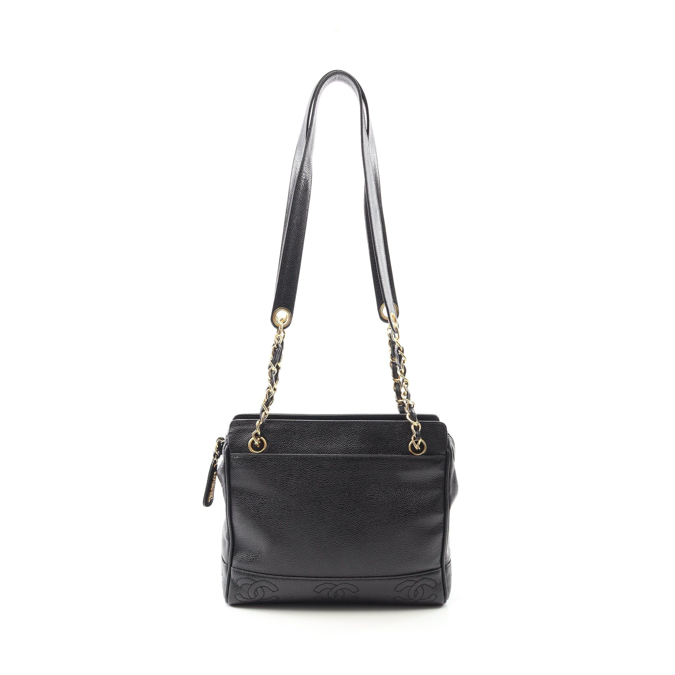 Chanel Triple Coco Chain Shoulder Bag Tote Caviar Skin Black Gold Hardware