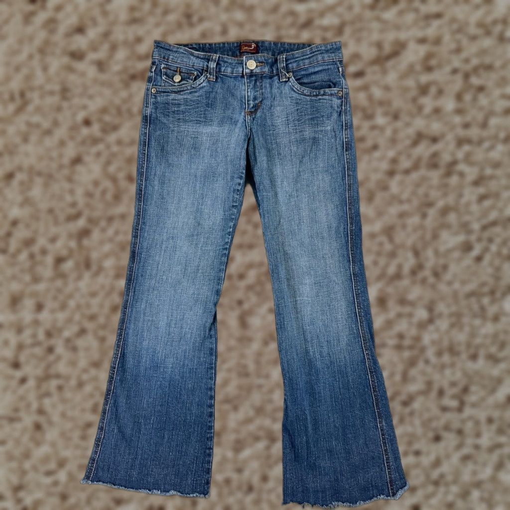 VINTAGE Underground Soul Jeans Women 9 Blue Denim Flare Raw Hem Embroidered Cotton Denim Jeans Womens 90s USA