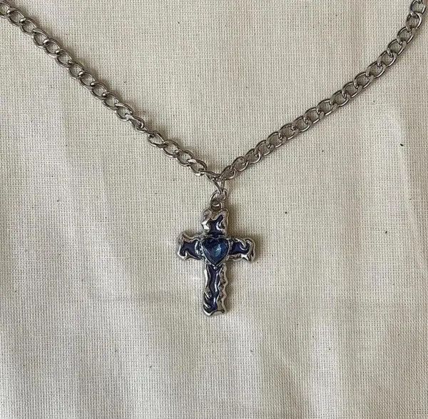 Other Silver Cross Necklace with Blue Heart Stone Size ONE SIZE - 2 Thumbnail