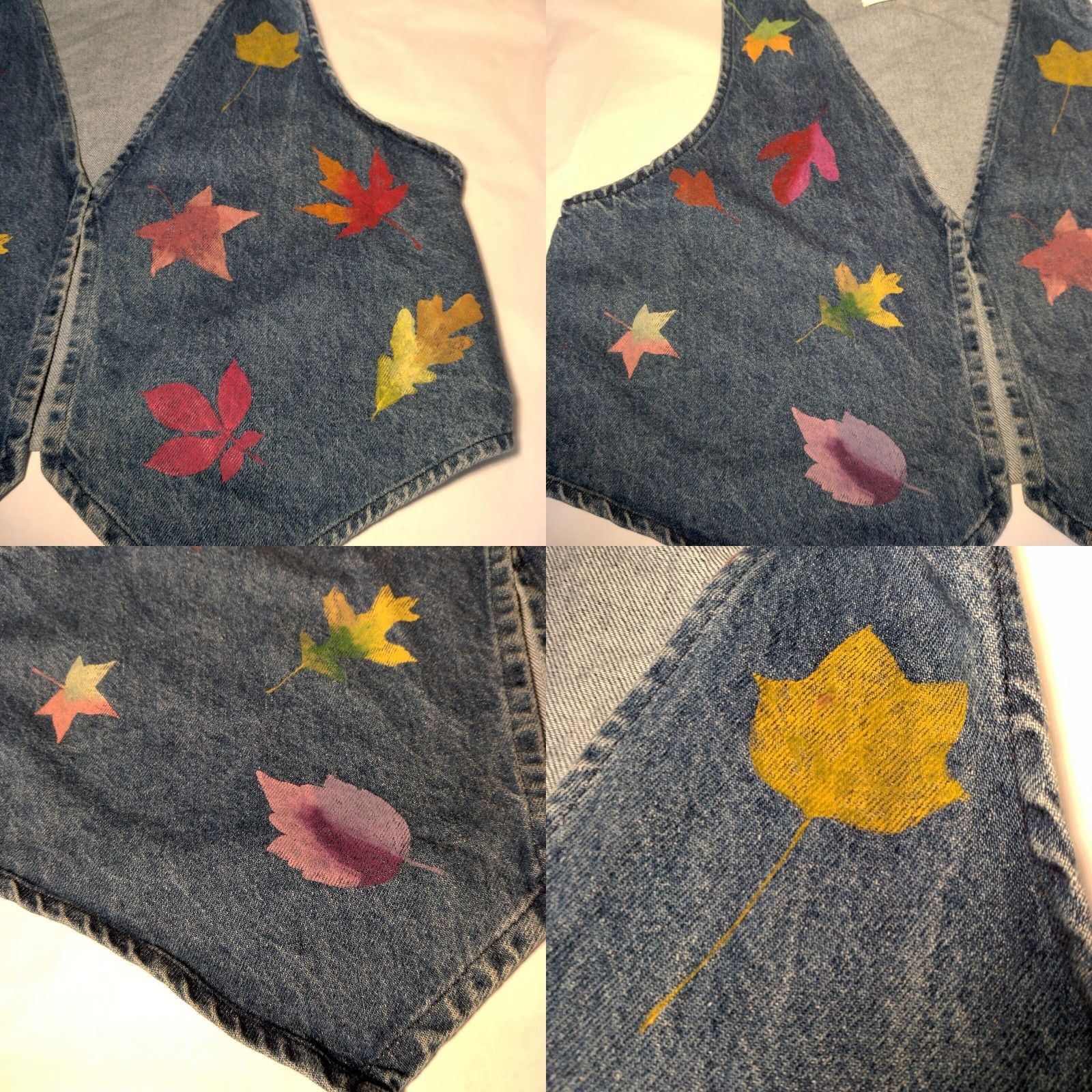Denime VINTAGE Upcycled Jean Vest Women One Size Blue Denim Painted Leaves Fall Autumn Leaf Size 42" / US 20 - 8 Thumbnail