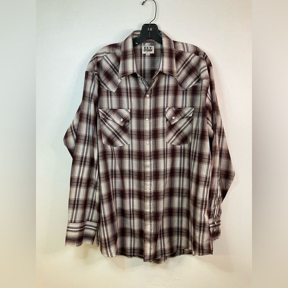 Other ELY Cattleman Western Yoke Pearl Snap Brown Plaid Shirt Size US XL / EU 56 / 4 - 3 Thumbnail