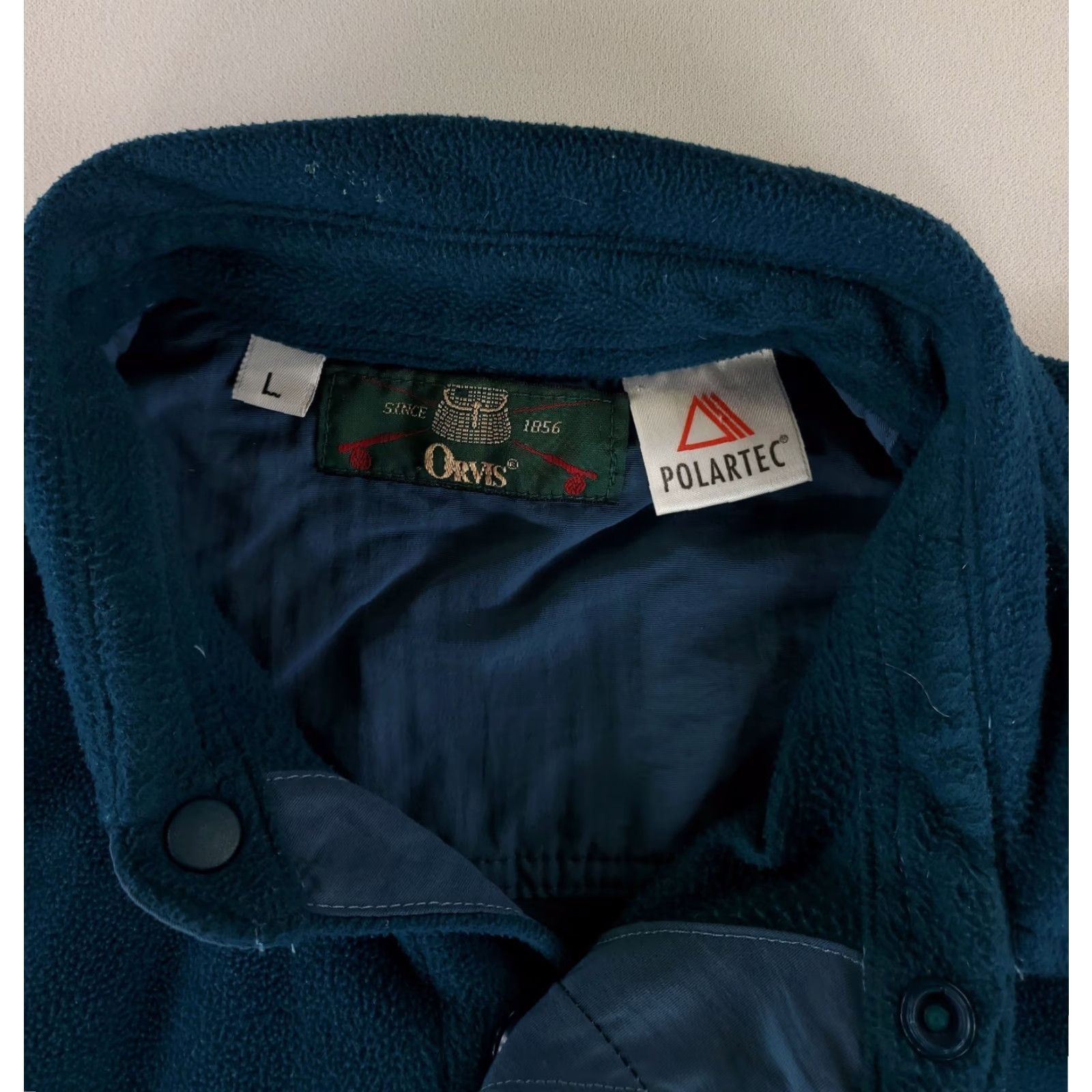 Orvis VINTAGE Orvis Polartec Button Up Snap Fleece Jacket Blue Green Elbow Patches Mens L Size US L / EU 52-54 / 3 - 4 Thumbnail