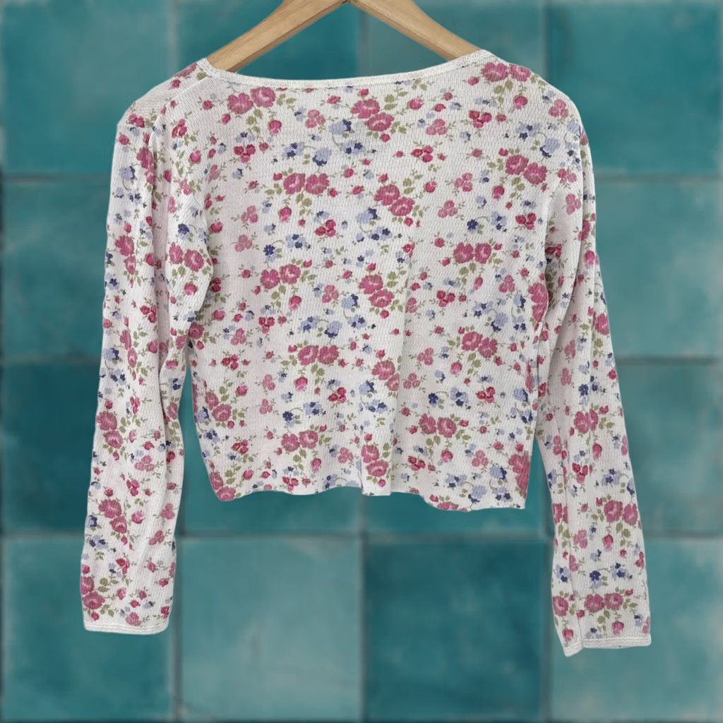 Indera White Floral Print Long Sleeve T-Shirt Size L Regular Cotton Knit Crew Neck Womens Pullover Casual Spring Fall