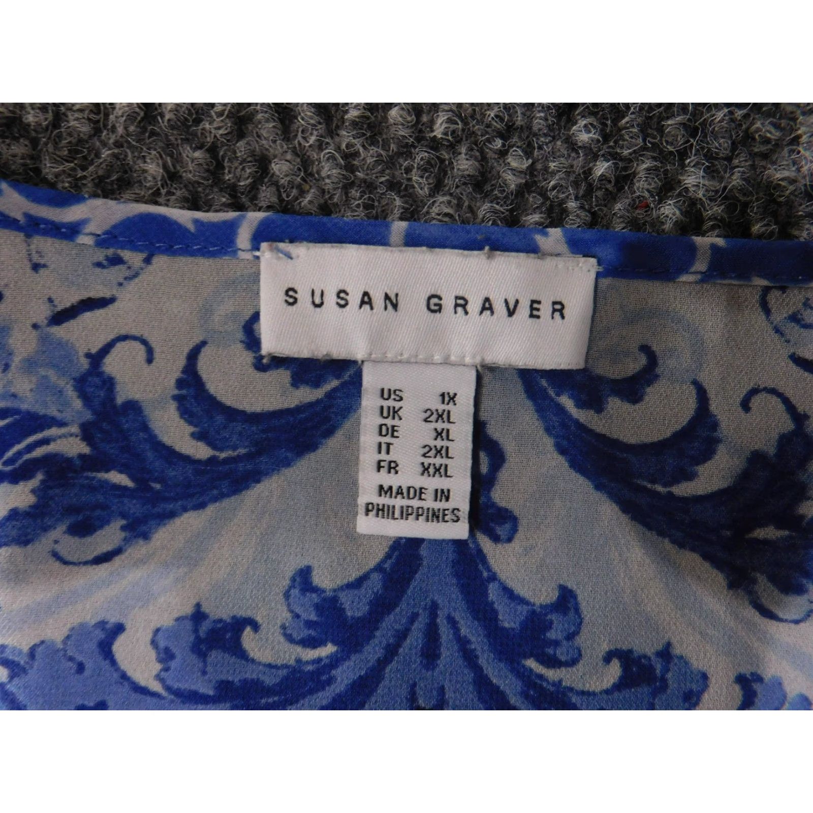 Vintage Susan Graver Blouse Womens 1X Blue White Printed Short Sleeve Tunic Top Size XL / US 12-14 / IT 48-50 - 4 Thumbnail