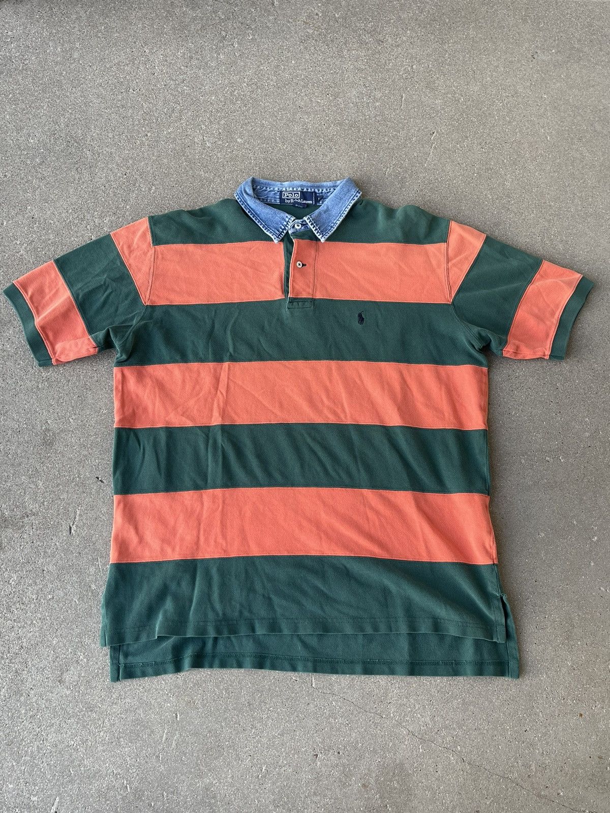Polo Ralph Lauren × Vintage Vintage Polo by Ralph Lauren Denim Collar Green/Orange Polo Size US XL / EU 56 / 4 - 1 Thumbnail