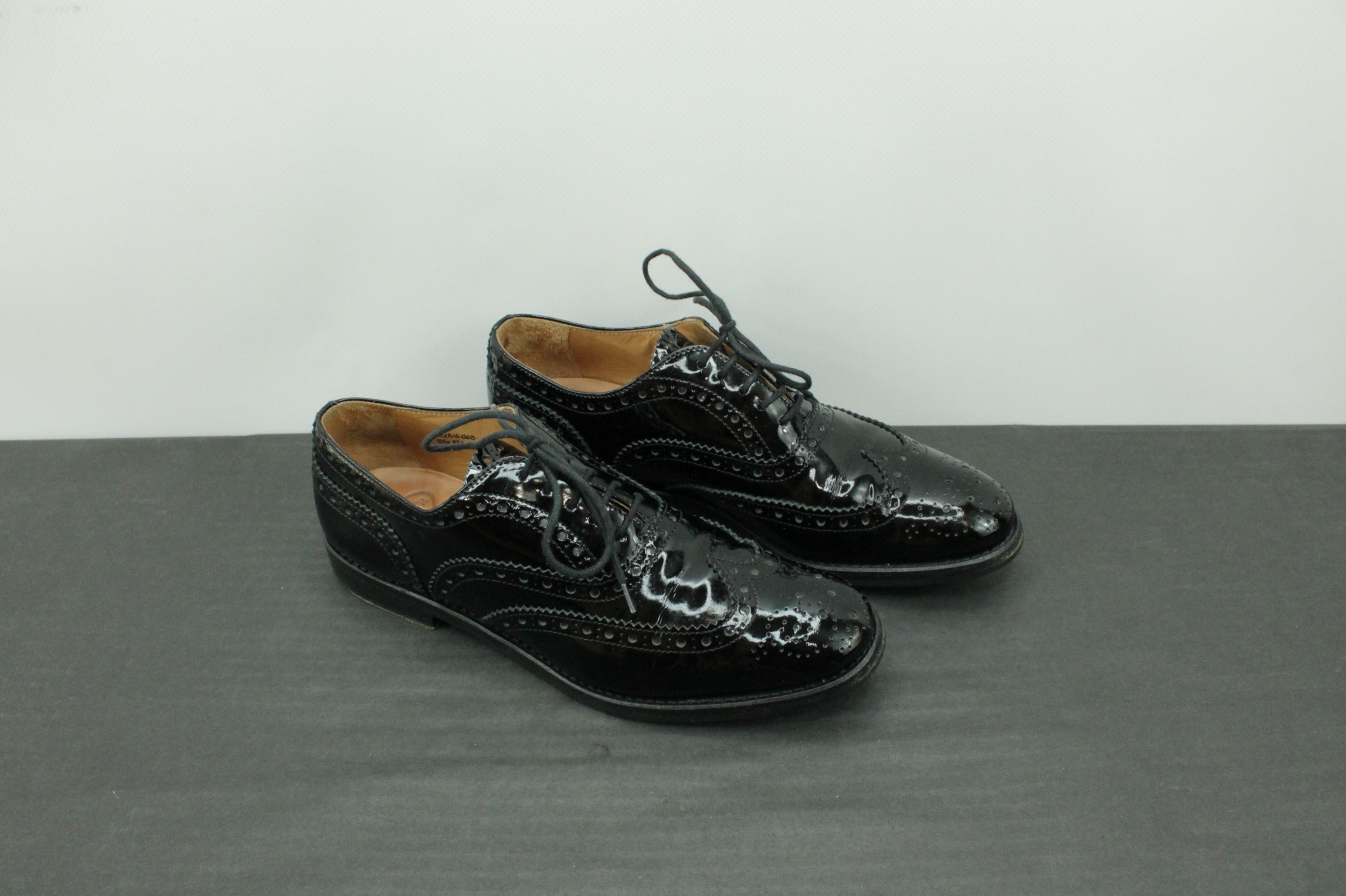 Churchs Metal Patent Black Leather Oxford Brogue Shoes WMNS