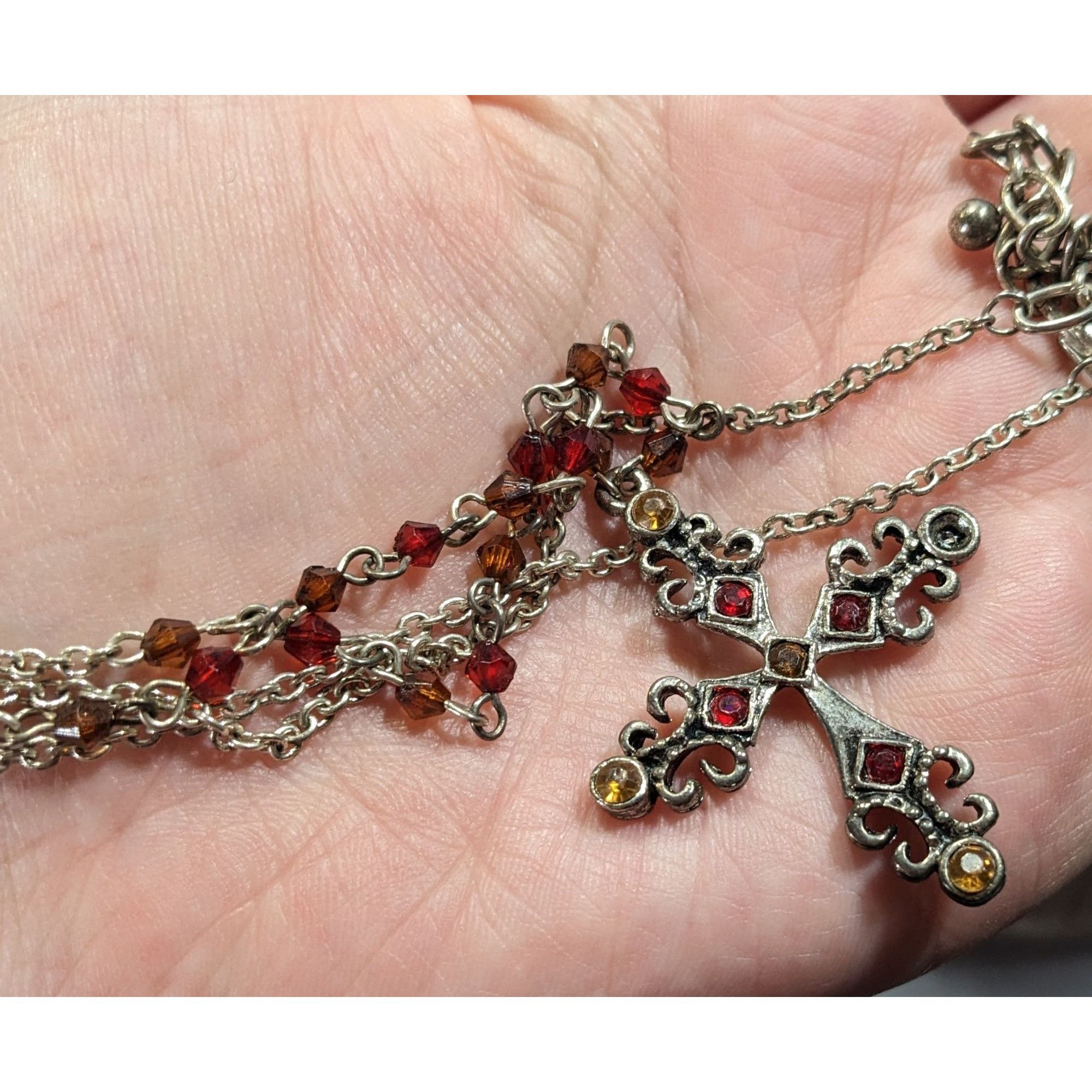 Other Gothic Medieval Red And Yellow Beaded Silver Tone Cross Neck Size ONE SIZE - 3 Thumbnail
