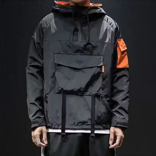 image of Vintage Streetwear Hooded Waterproof Windbreaker in Black, Men's (Size XL)