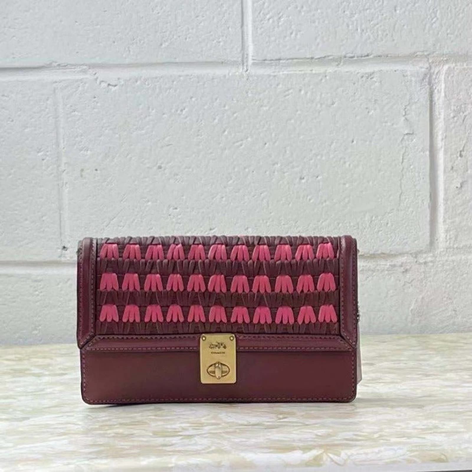 image of Coach 3652 Hutton Clutch With Weaving Confetti Pink Multi in Red, Women's