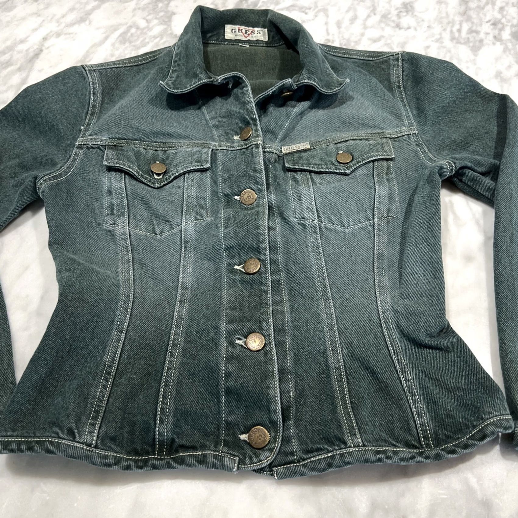 Guess VINTAGE GUESS Denim Jacket Women’s M Short Long Sleeve Green 80s USA Classic Biker Pockets Button Size 32" / US 10 / IT 46 - 3 Thumbnail