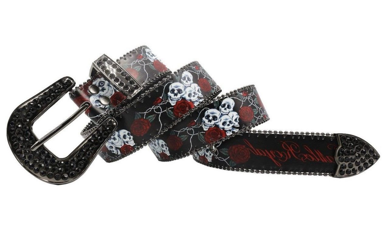 Vintage Retro skull skeleton roses western rhinestone studded belt Size ONE SIZE - 3 Thumbnail