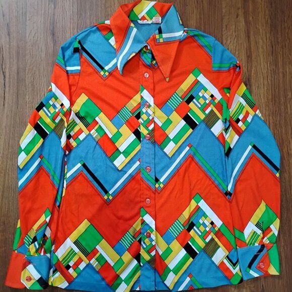 Other Vintage Tarvi MCM Zig Zag Op Art Polyester Disco Shirt Size S / US 4 / IT 40 - 2 Thumbnail