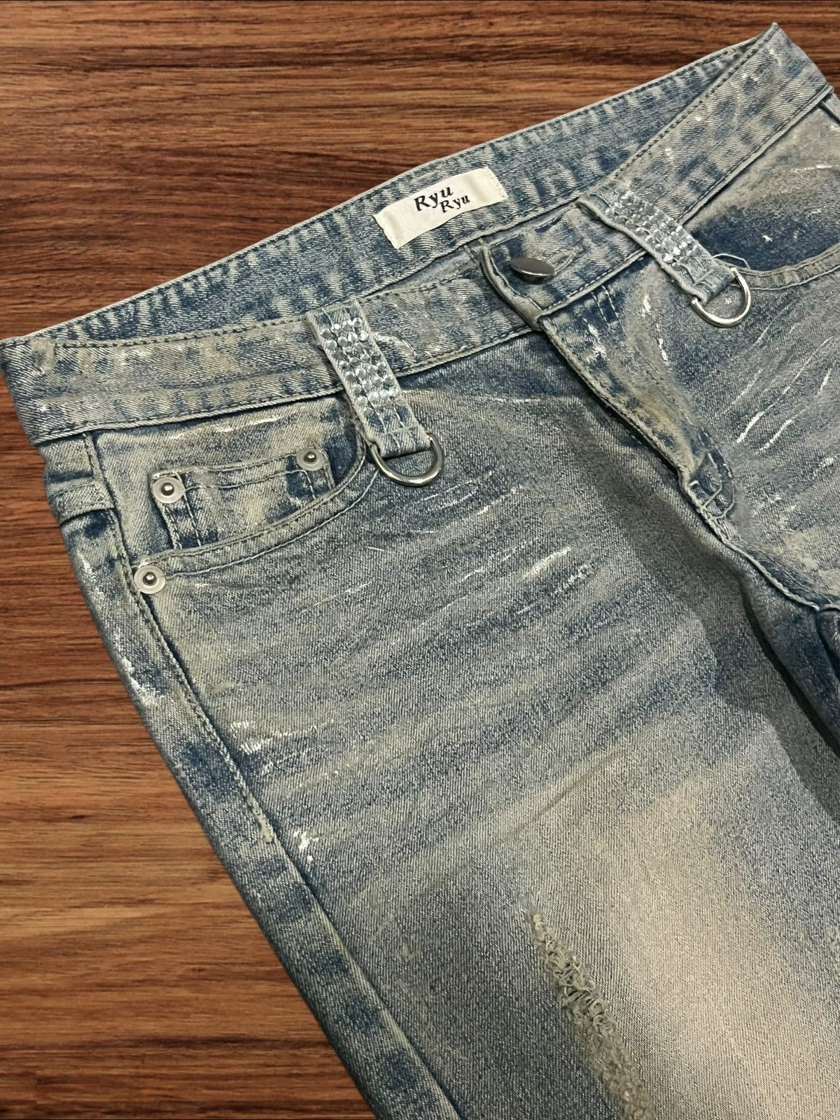 Japanese Brand Vintage Japanese Brand Ryu Ryu Waxed Distressed Flare Jeans Size 28" / US 6 / IT 42 - 5 Thumbnail