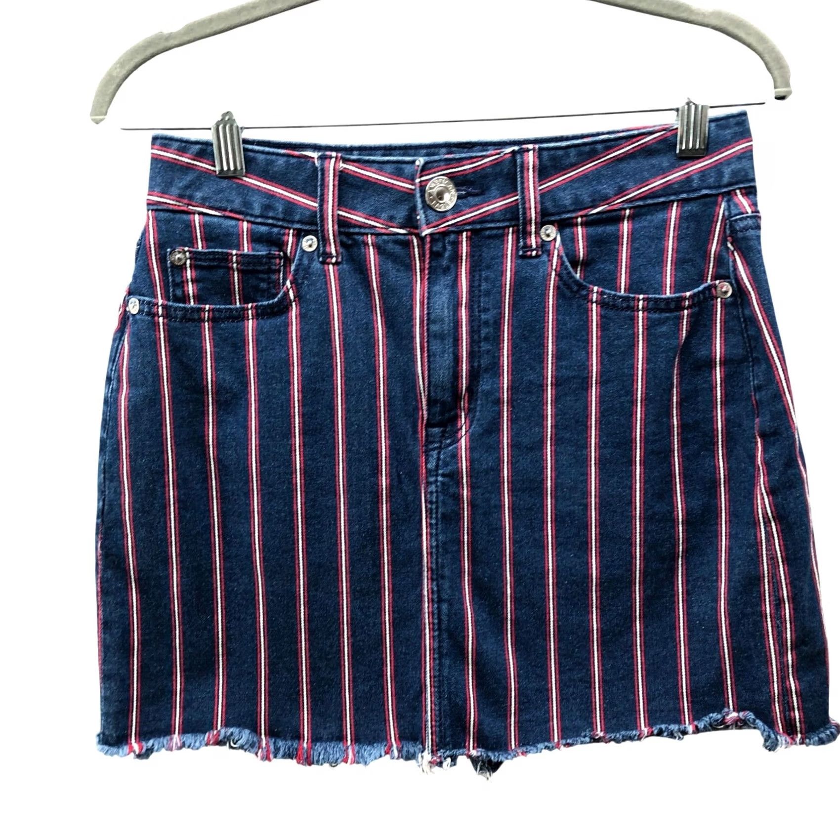 Vintage VINTAGE American Eagle Hi-Rise Mini Skirt Womens 4 Long Blue Red Striped Frayed Size 27" / US 4 / IT 40 - 2 Thumbnail