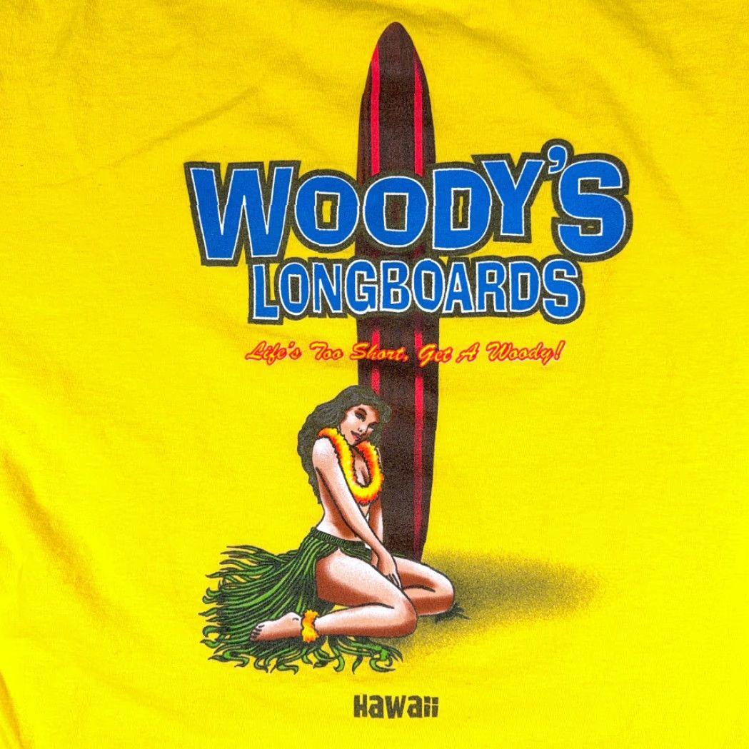 AAA VINTAGE Woodys Longboards Shirt Adult LARGE Yellow Hawaii Surfing Hula Girl Funny Y2K Size US L / EU 52-54 / 3 - 4 Thumbnail