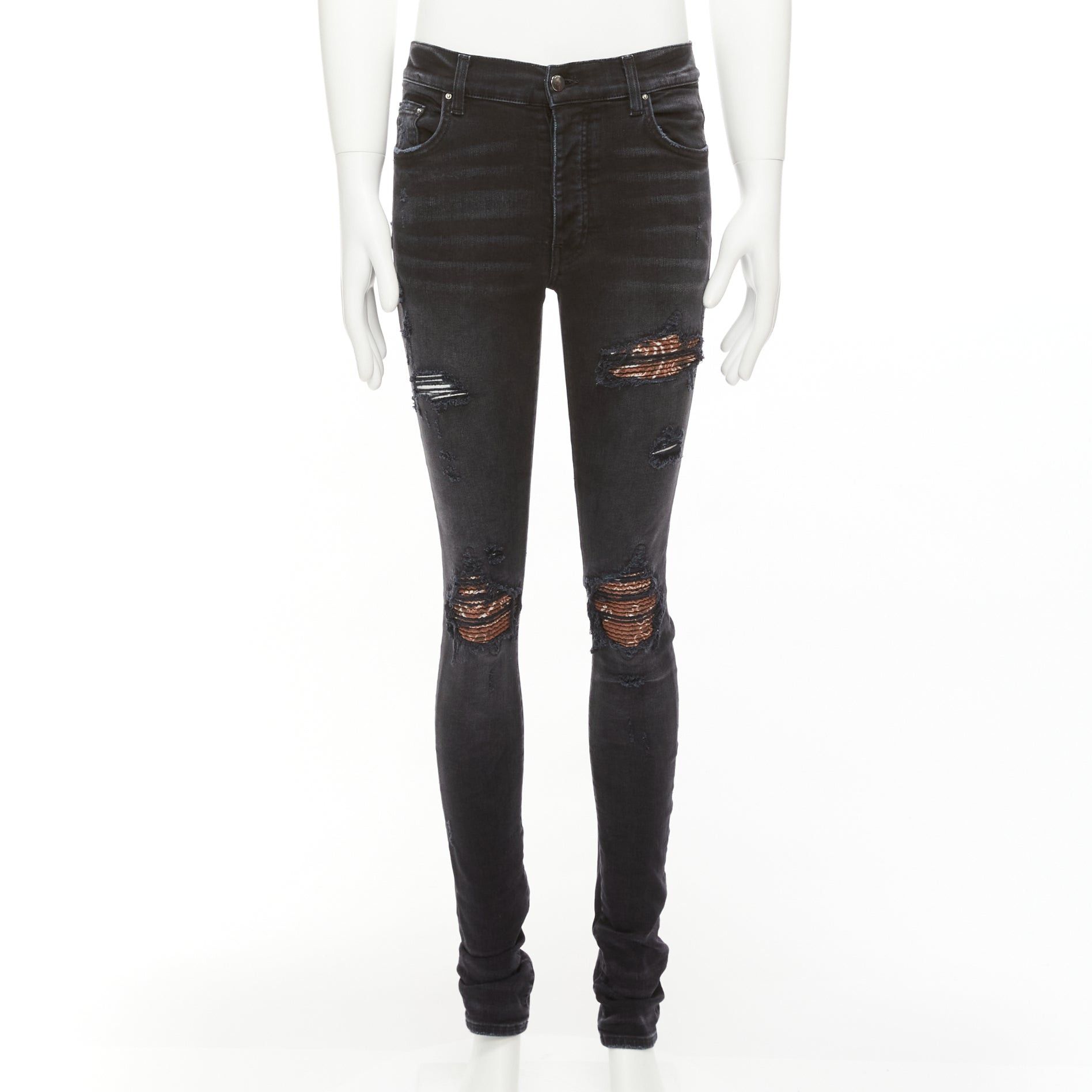 Pre-owned Amiri Black Charcoal Distressed Brown Pleated Inserts Washed Skinny Jeans 31"
