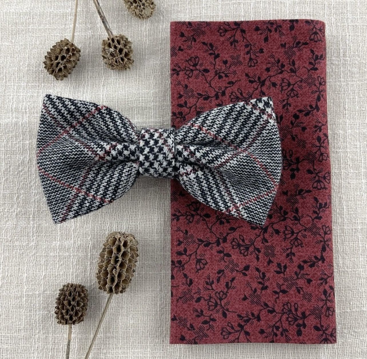 Other Men’s Glencheck Wool Bow Tie & Red Floral Pocket Square Set Size ONE SIZE - 1 Thumbnail