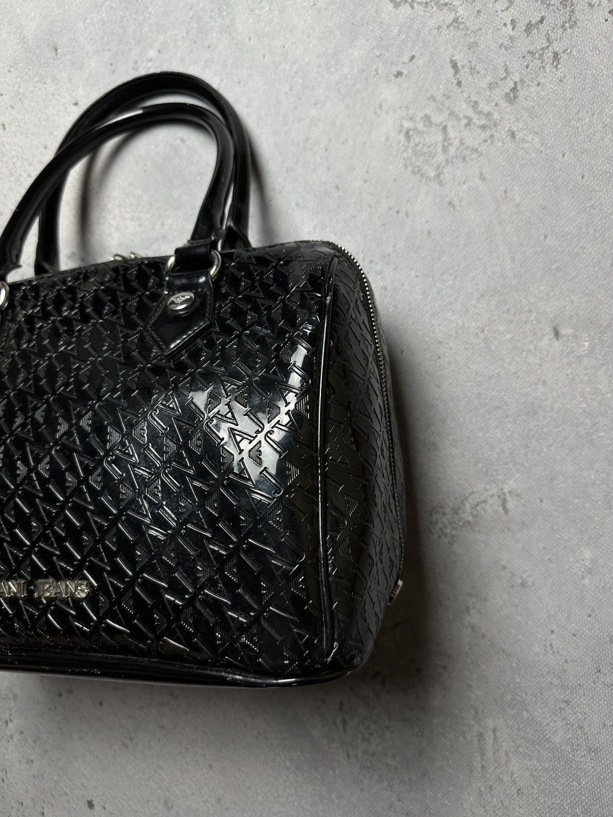 Armani Armani Jeans Tote Black Embossed Patent PVC Satchel Bag y2k Size ONE SIZE - 4 Thumbnail