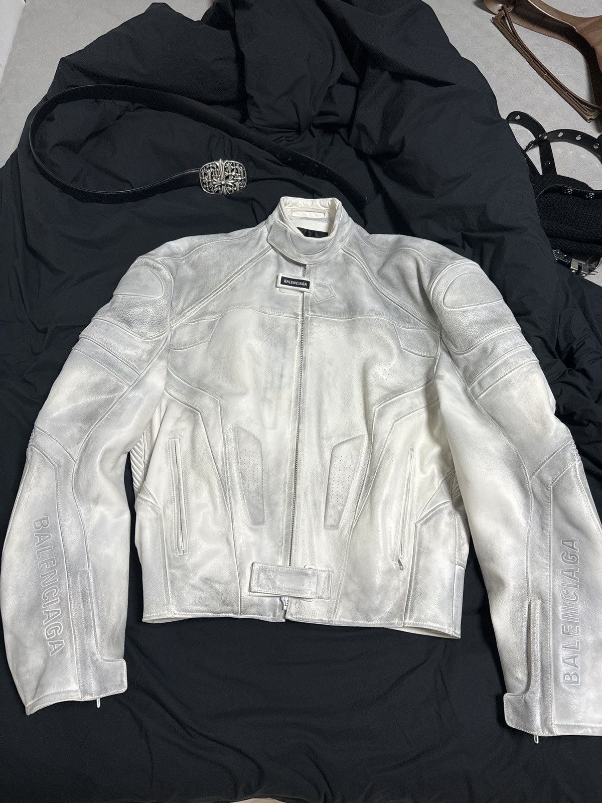 Balenciaga Balenciaga ss23 mudshow white leather biker jacket | Grailed