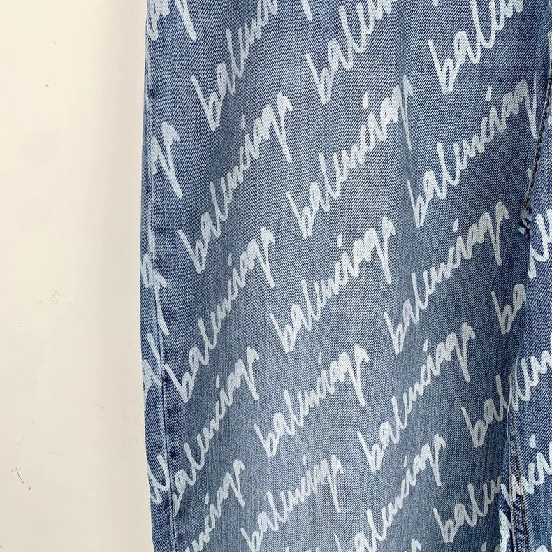 Balenciaga Balenciaga size M Light blue logo full-print cotton slacks Size US 26 / EU 42 - 4 Thumbnail