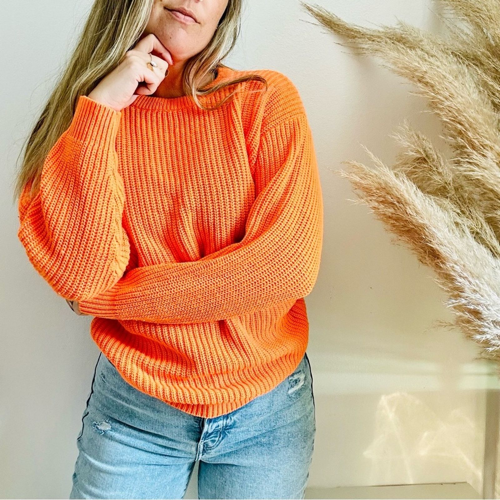 Express EXPRESS Neon Orange Chunky Knit Tunic Pullover Crew Sweater Size M / US 6-8 / IT 42-44 - 5 Thumbnail