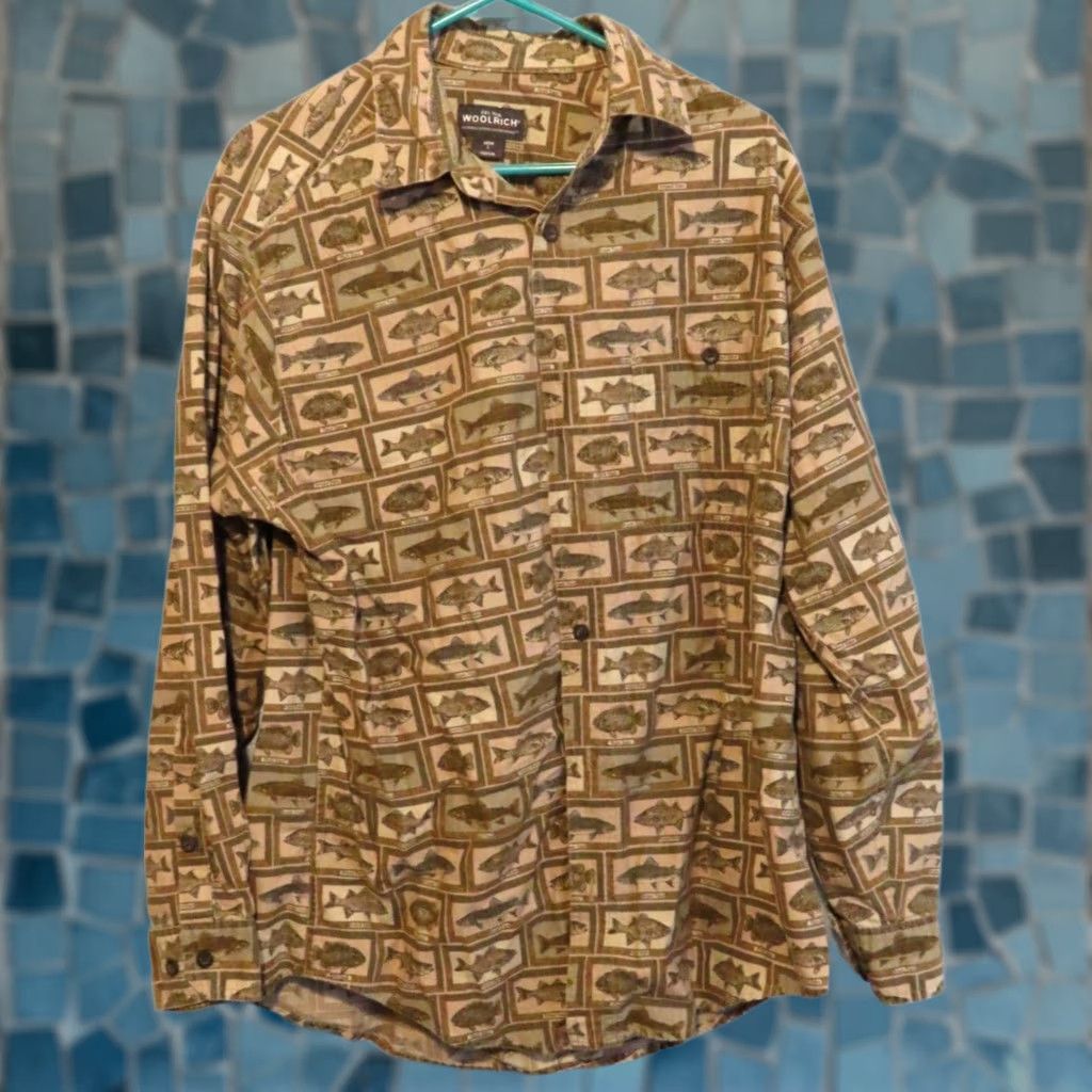 Vintage Woolrich Button-Up Shirt Long Sleeve Beige Graphic Fish Bison Fall Spring Summer Winter Men Size L Regular Modern Vintage: No Size US L / EU 52-54 / 3 - 1 Thumbnail