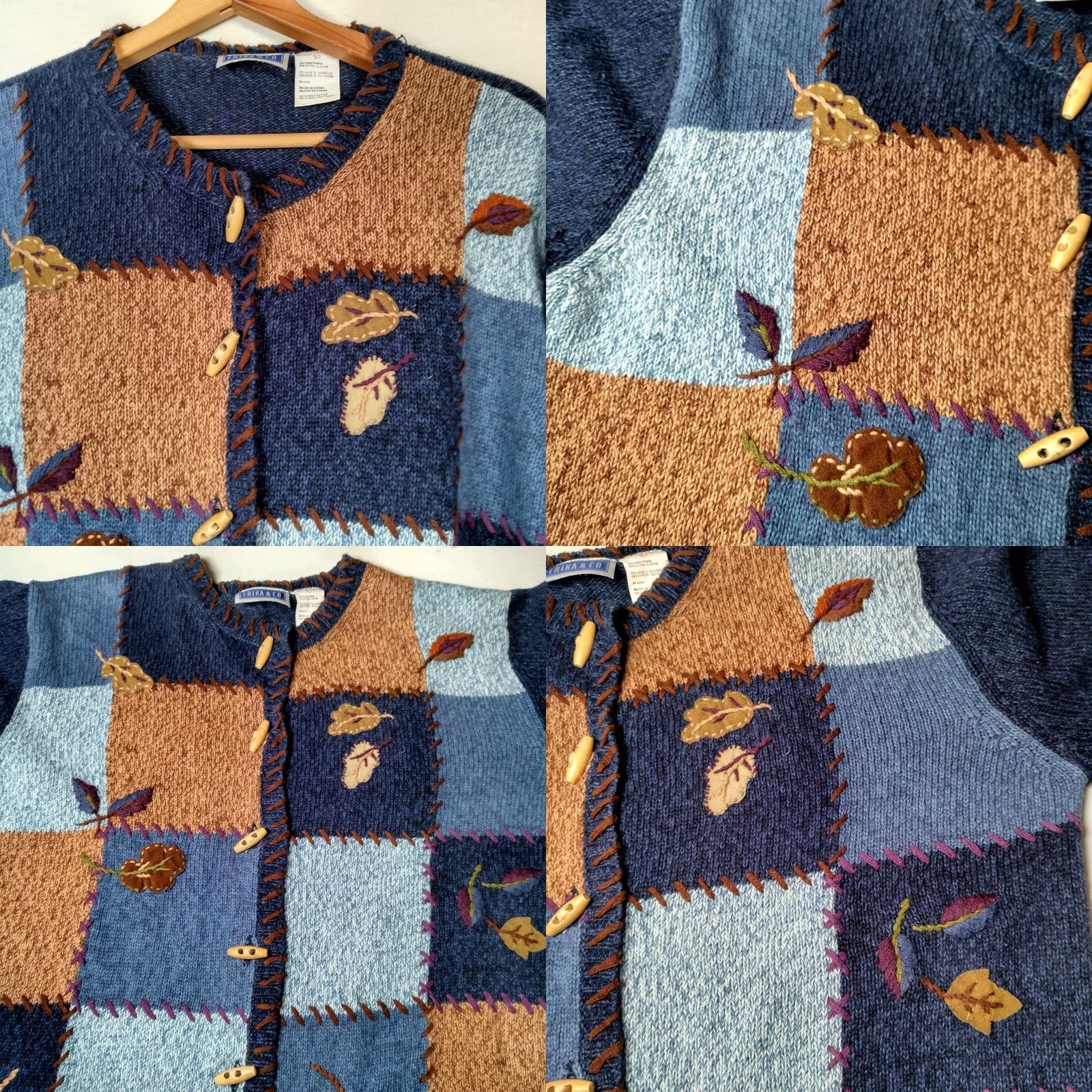 CO VINTAGE Erika And Co Cardigan Sweater Women L Patchwork Blue Brown Fall Leaves Leaf Size L / US 10 / IT 46 - 8 Thumbnail