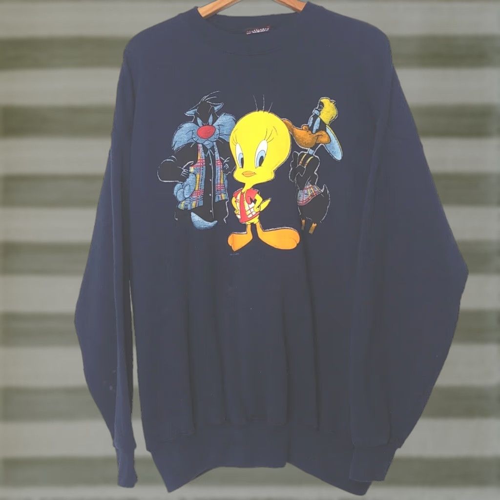 Vintage VINTAGE Looney Tunes Sweatshirt XL Blue Crew Neck 1990s Daffy Sylvester Tweety 90s Cartoon Graphic Print Mens Size US XL / EU 56 / 4 - 1 Thumbnail