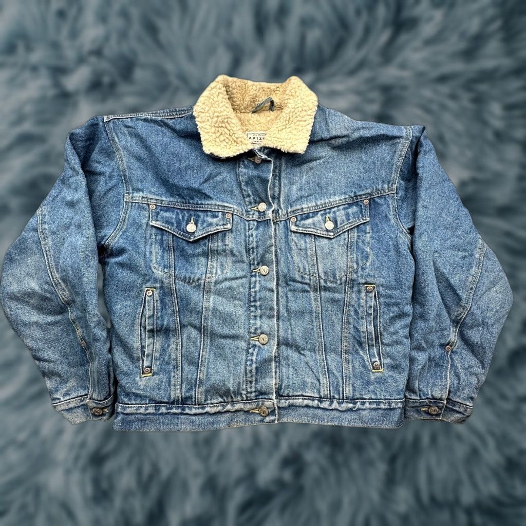 Vintage VINTAGE Arizona Jean Company Denim Jean Trucker Jacket Bomber Jacket Mens Small Sherpa Lined Button Pockets Size US 29 - 1 Thumbnail