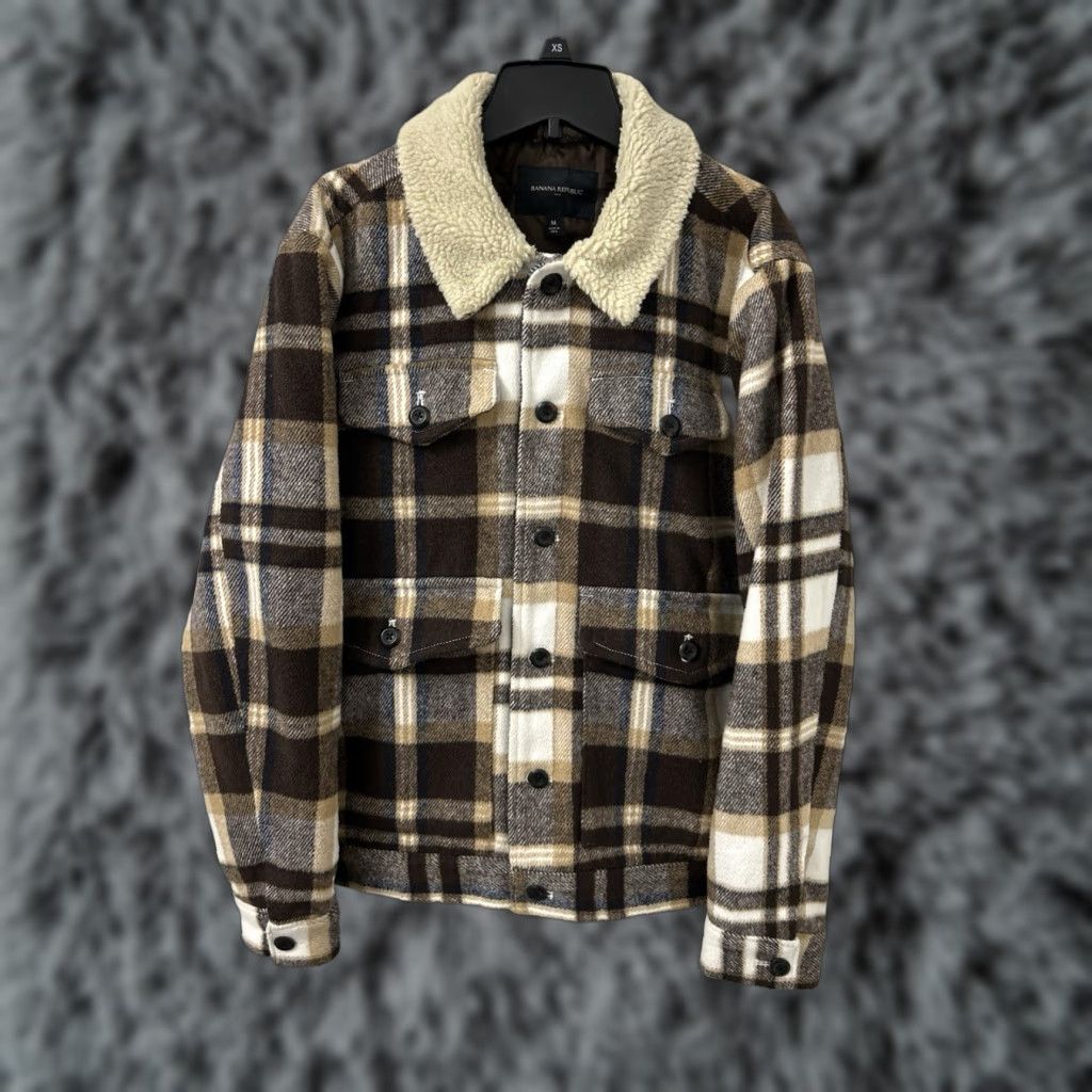 Banana Republic Banana Republic Jacket Mens M Brown Plaid Wool Sherpa Collar Pockets L/S Quilted Lined Fall Winter Vintage: No Size US M / EU 48-50 / 2 - 1 Thumbnail