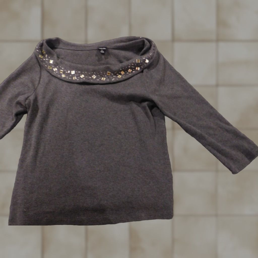 Vintage Rafaella Womens Sweater L Gray Pullover Stretch Cable-Knit Long Sleeve Raglan Button Cowl Neck Knit Cotton Wool Size L / US 10 / IT 46 - 1 Thumbnail