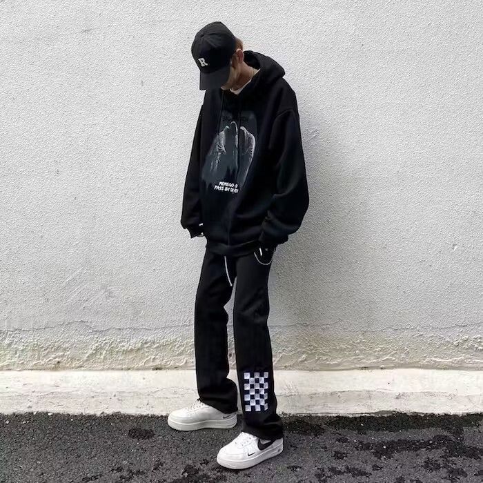 image of Emo Check Pattern Graphic Black Denim Jeans, Men's (Size 34)