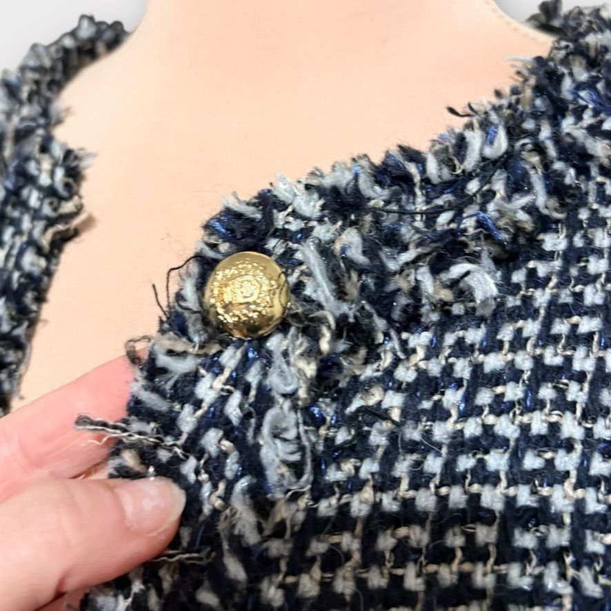 Zara Classic Tweed Boucle Jacket M Navy White Sequin Gold Button Size M / US 6-8 / IT 42-44 - 3 Thumbnail