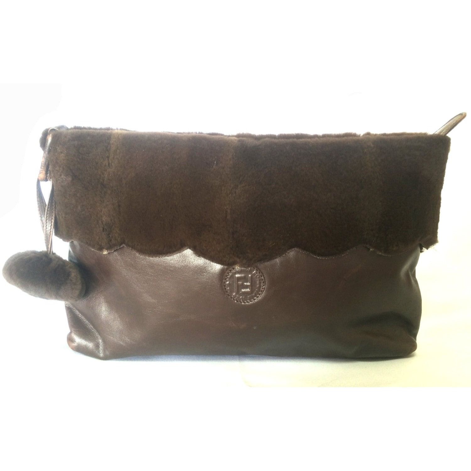 80's Vintage Fendi Dark Brown Large Leather Clutch Purse, Women's