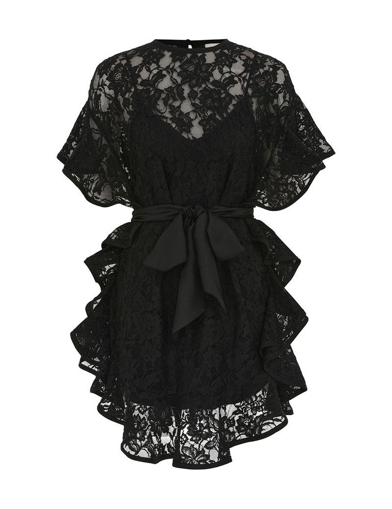 Zimmermann oc11z0226 Crush Lace Frill Tunic Dress In Black Size L / US 10 / IT 46 - 1 Thumbnail