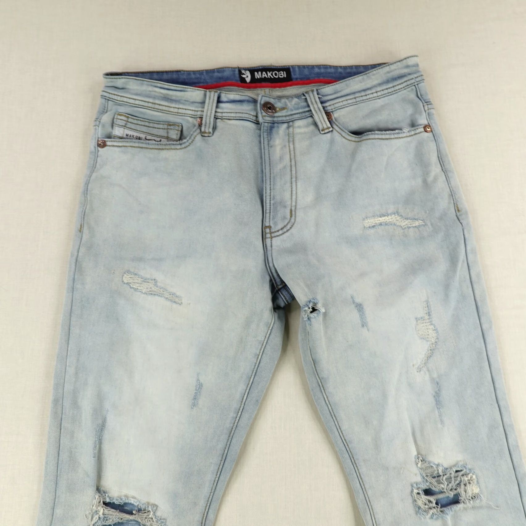 Denime Makobi Jeans Mens 34x32 Blue Denim Distressed Moto Slim Straight Stretch Jeans Size US 34 / EU 50 - 2 Thumbnail