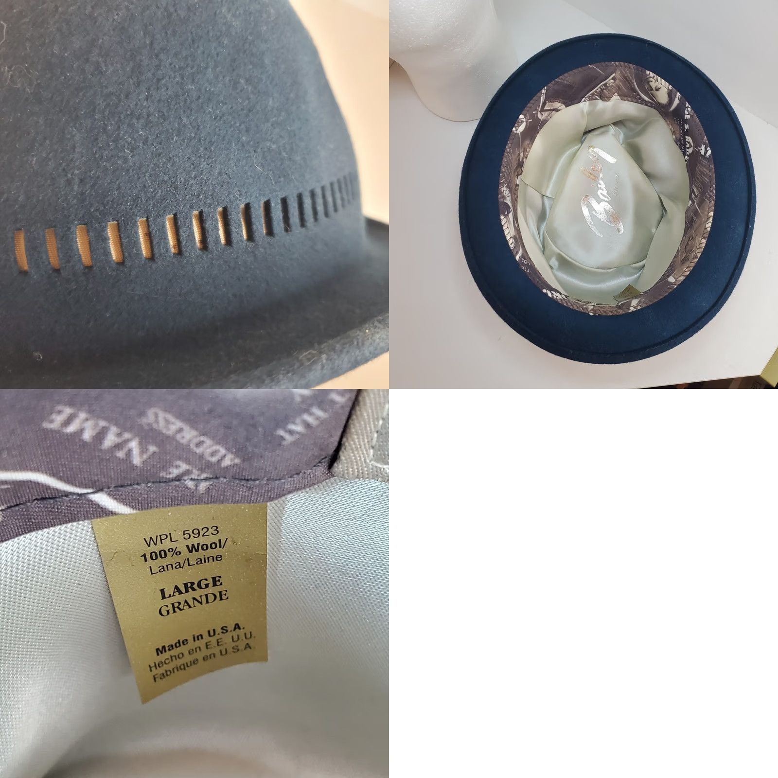 Vintage VINTAGE Bailys Of Hollywood Fedora Blue Felt 100% Wool L Mens Hipster Classic City Travel Size ONE SIZE - 8 Thumbnail