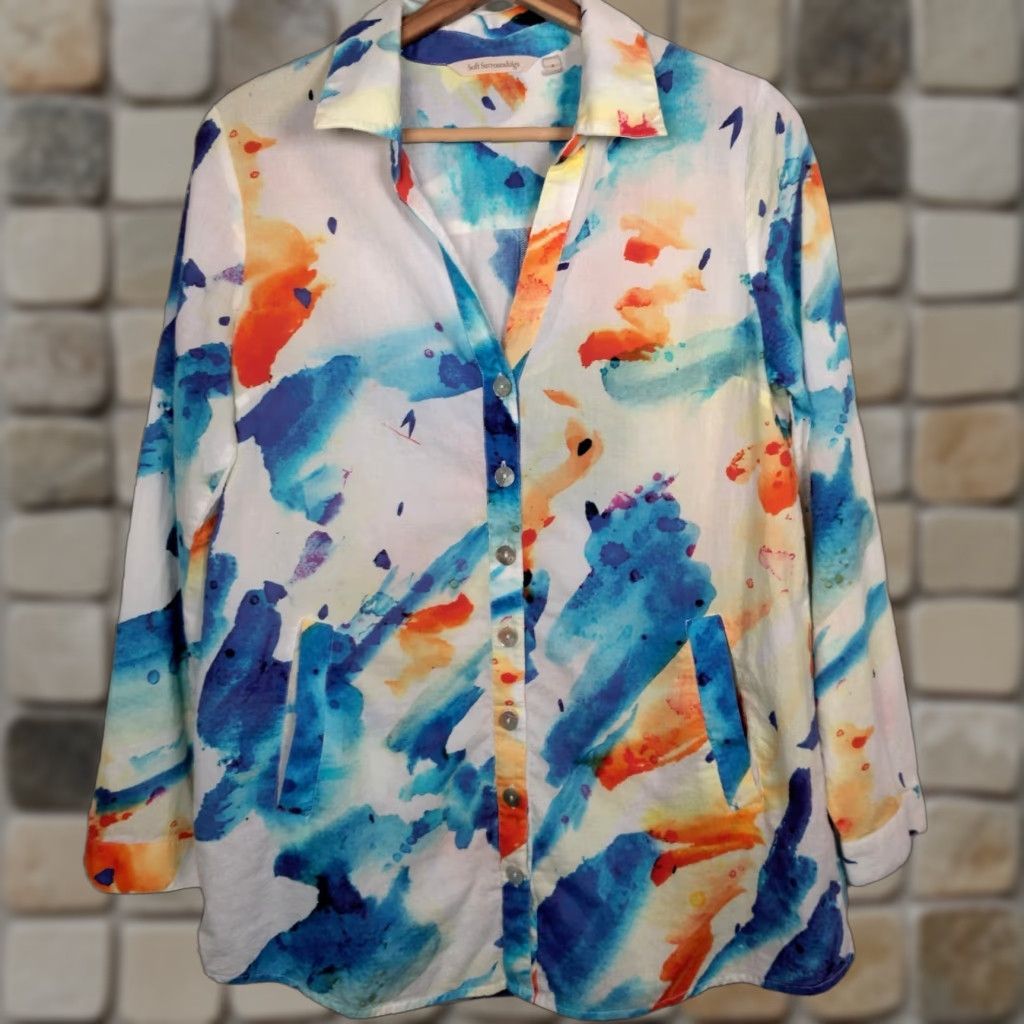 Soft Surroundings Soft Surroundings Blouse Women S Multicolor Watercolor Print Cotton 3/4 Sleeve Collared Pullover Regular Fit Artsy Colorful Womens Size S / US 4 / IT 40 - 1 Thumbnail