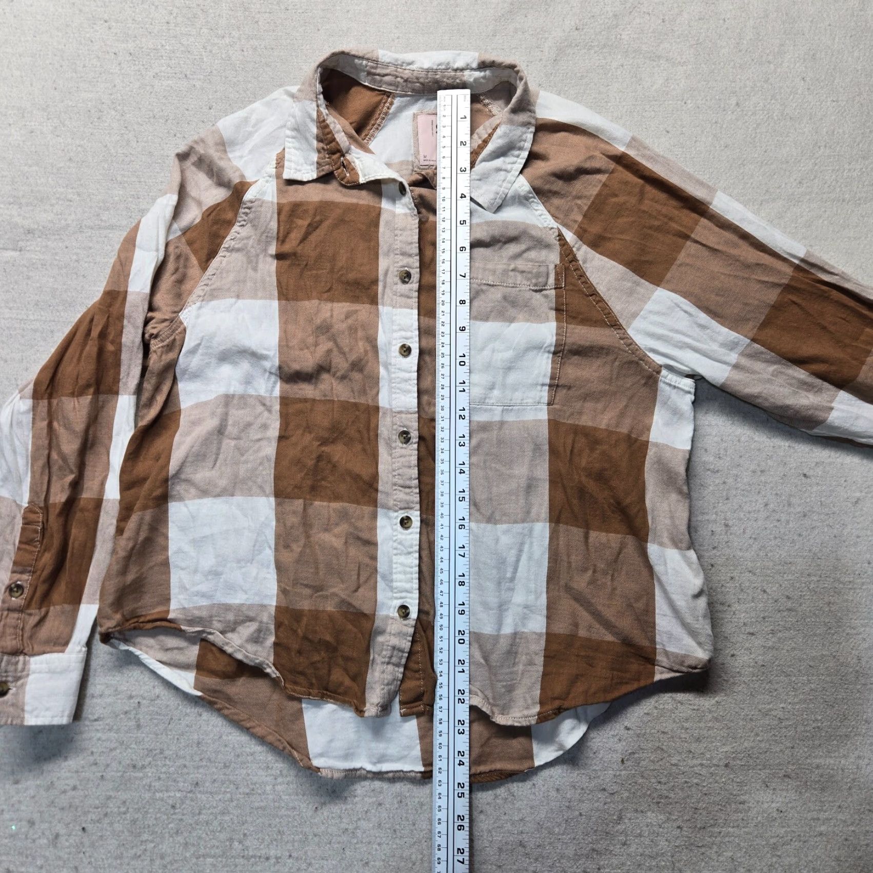 Vintage SO Shirt Plaid Button-Up Cropped Womens M Brown Wide-Check Cotton Modal Textured Shirt - 3/4 Sleeve? Size M / US 6-8 / IT 42-44 - 7 Thumbnail