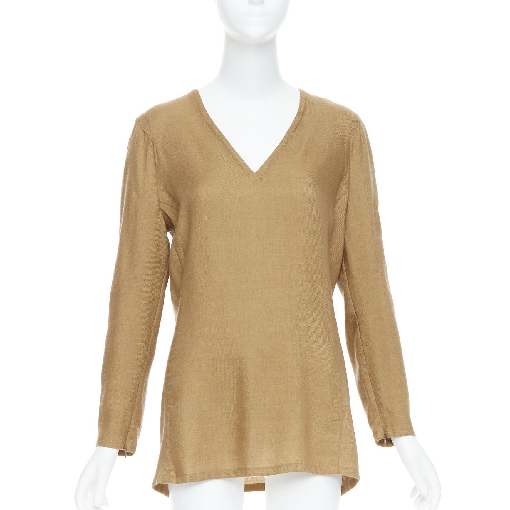 Gianfranco Ferre GIANFRANCO FERRE Vintage taupe cashmere silk v neck hand stitch tunic top IT42 M Size M / US 6-8 / IT 42-44 - 1 Thumbnail