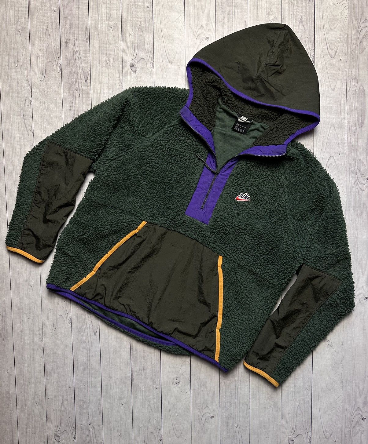 image of Nike Fleece Jacket Anorak Sherpa Green Size L Logo, Men's