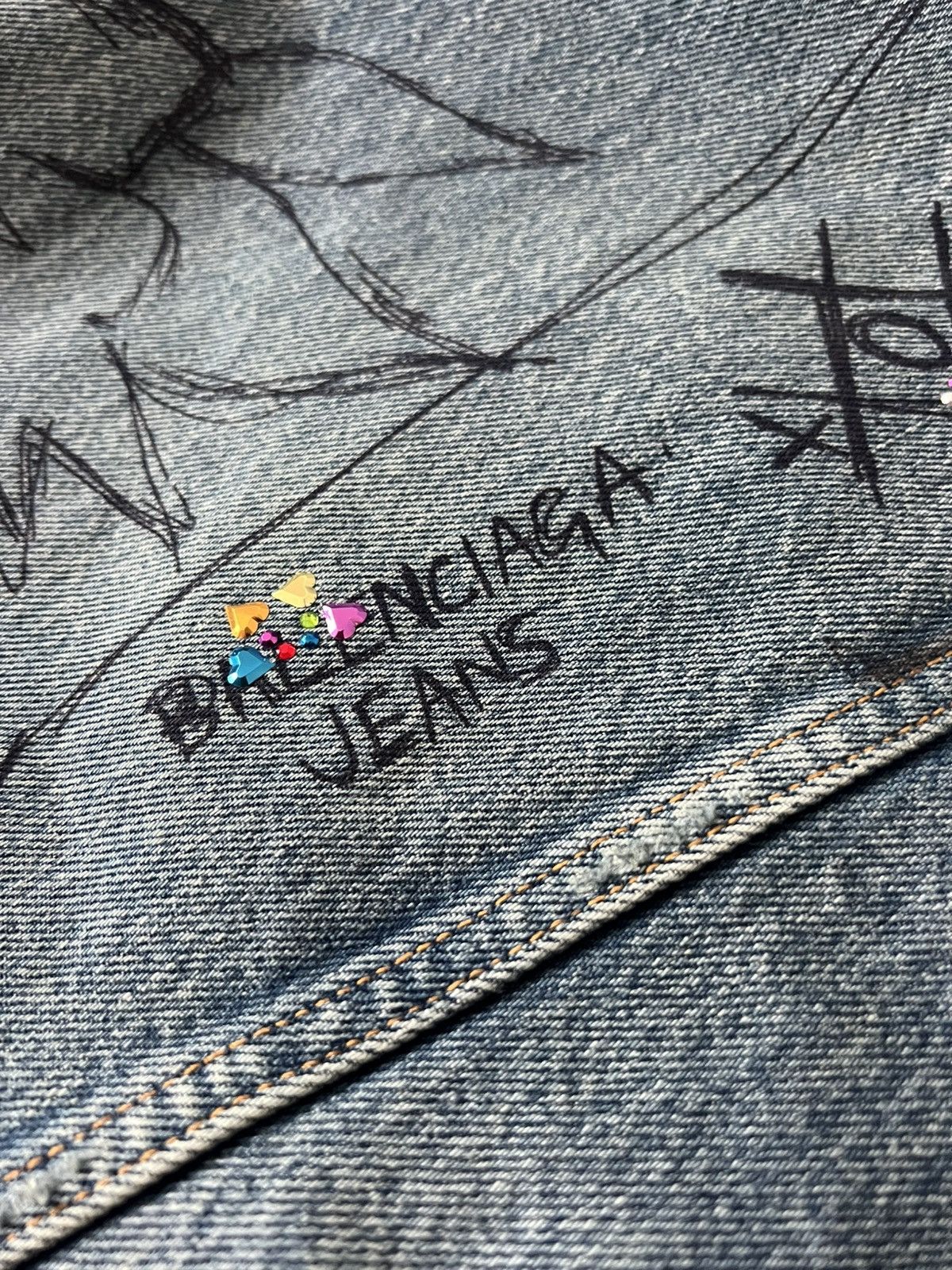 Balenciaga Rhinestones Scribble Hooded Denim Jacket Size US L / EU 52-54 / 3 - 11 Thumbnail