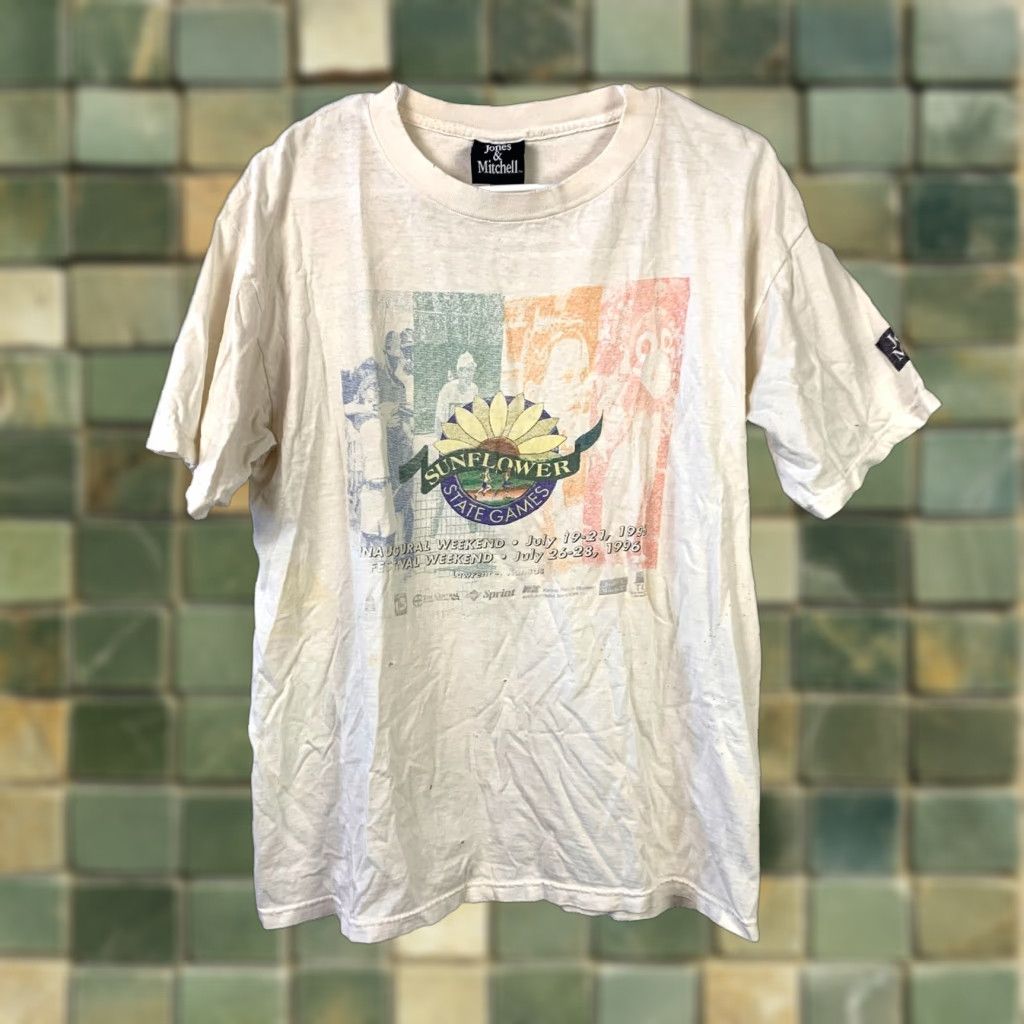Sunflower VINTAGE Sunflower State Games Tee T-Shirt L Jones & Mitchell Unisex Adults White 100% Cotton Crew Neck Short Sleeve Size US L / EU 52-54 / 3 - 1 Thumbnail