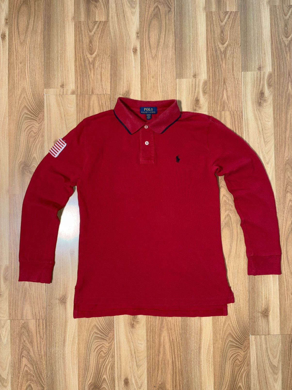 Polo Ralph Lauren Polo RL Red Long Sleeve Polo USA Flag Patch kids M (10-12) Size US XXS / EU 40 - 1 Thumbnail