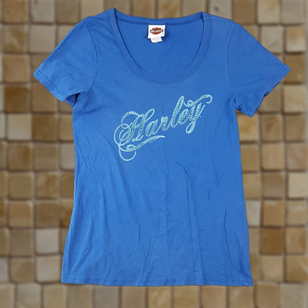 Harley Davidson VINTAGE Harley-Davidson Rhinestone Motorcycles Women's T-Shirt L Blue Casual Short Sleeve 90s Biker Retro Size L / US 10 / IT 46 - 1 Thumbnail