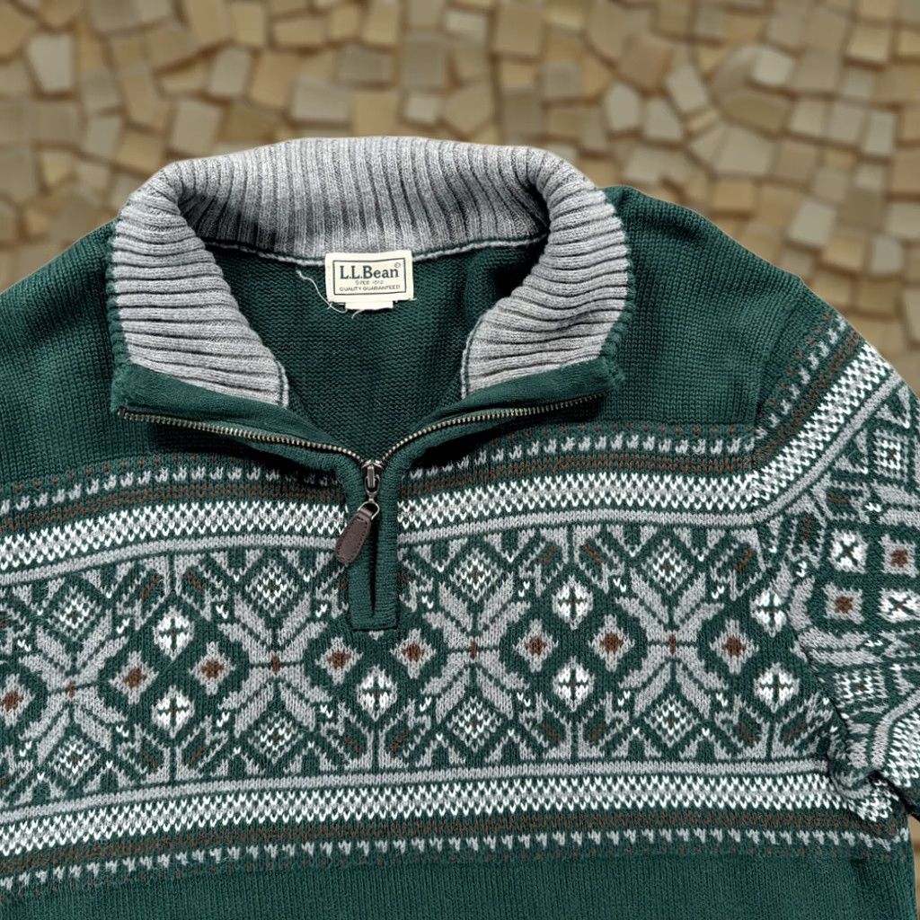Vintage LL Bean Sweater Adult MEDIUM Green Gray Quarter Zip Fair Isle Nordic Cotton Y2K Size US M / EU 48-50 / 2 - 1 Thumbnail