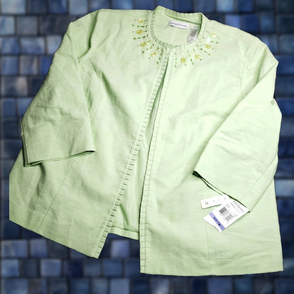 Vintage Alfred Dunner Primrose Garden Mint Size 18 Dress Career Jacket Blazer Plus Womens 55% Cotton 42% Polyester 3% Spandex Green Garden Buttoned Jacket NWT Size XXL / US 16-18 / IT 52-54 - 1 Thumbnail