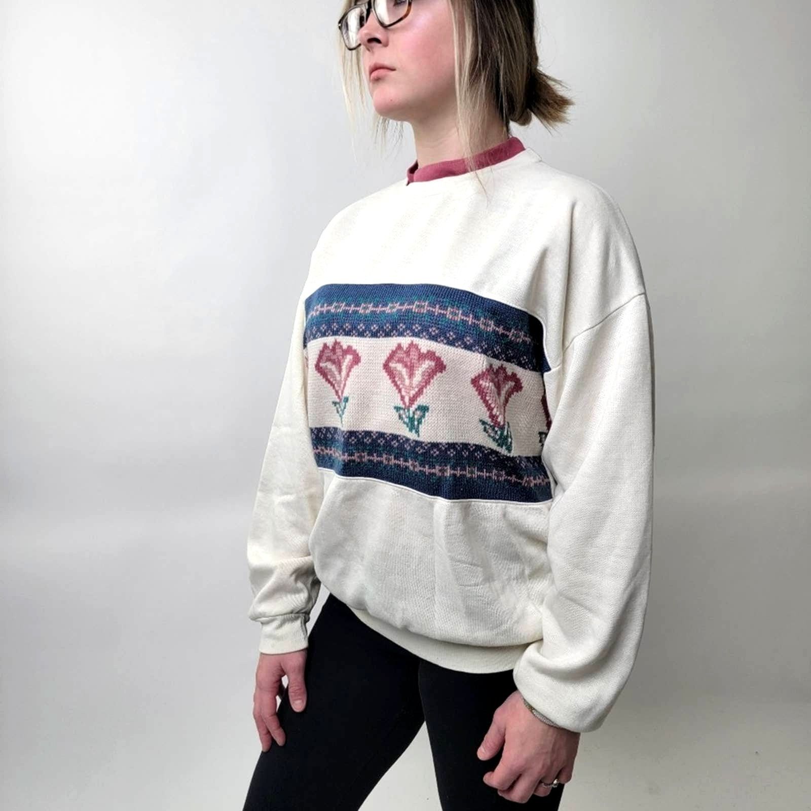 Vintage Vintage 90s Floral Cottagecore Chunky Knit Sweatshirt - S Size S / US 4 / IT 40 - 6 Thumbnail